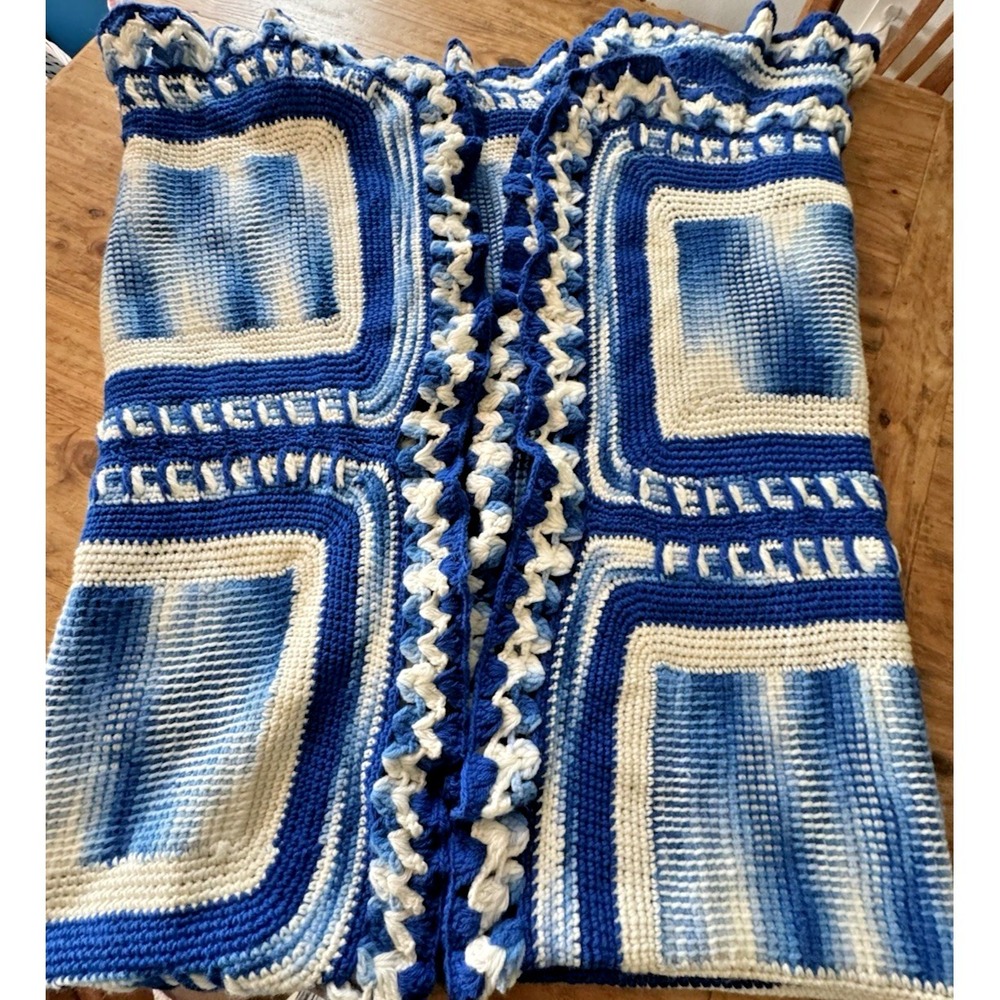 Handmade Crochet Afghan Throw Blue White Artisan Ruffle Shell Border 60 X 72" in - Picture 9 of 13
